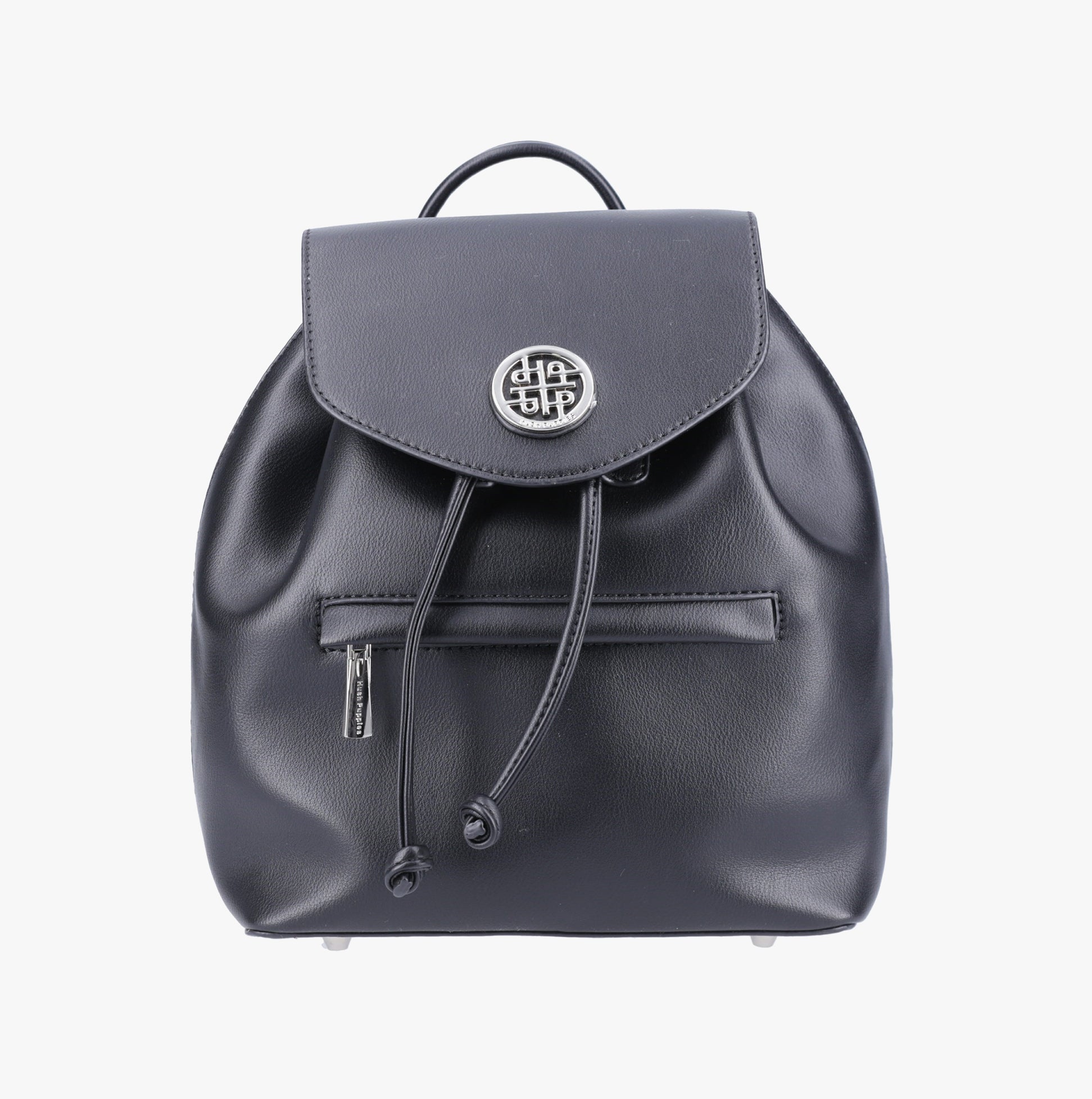 Hush Puppies MONA Womens Back Packs Black front view showing polyurethane material and adjustable strap.
