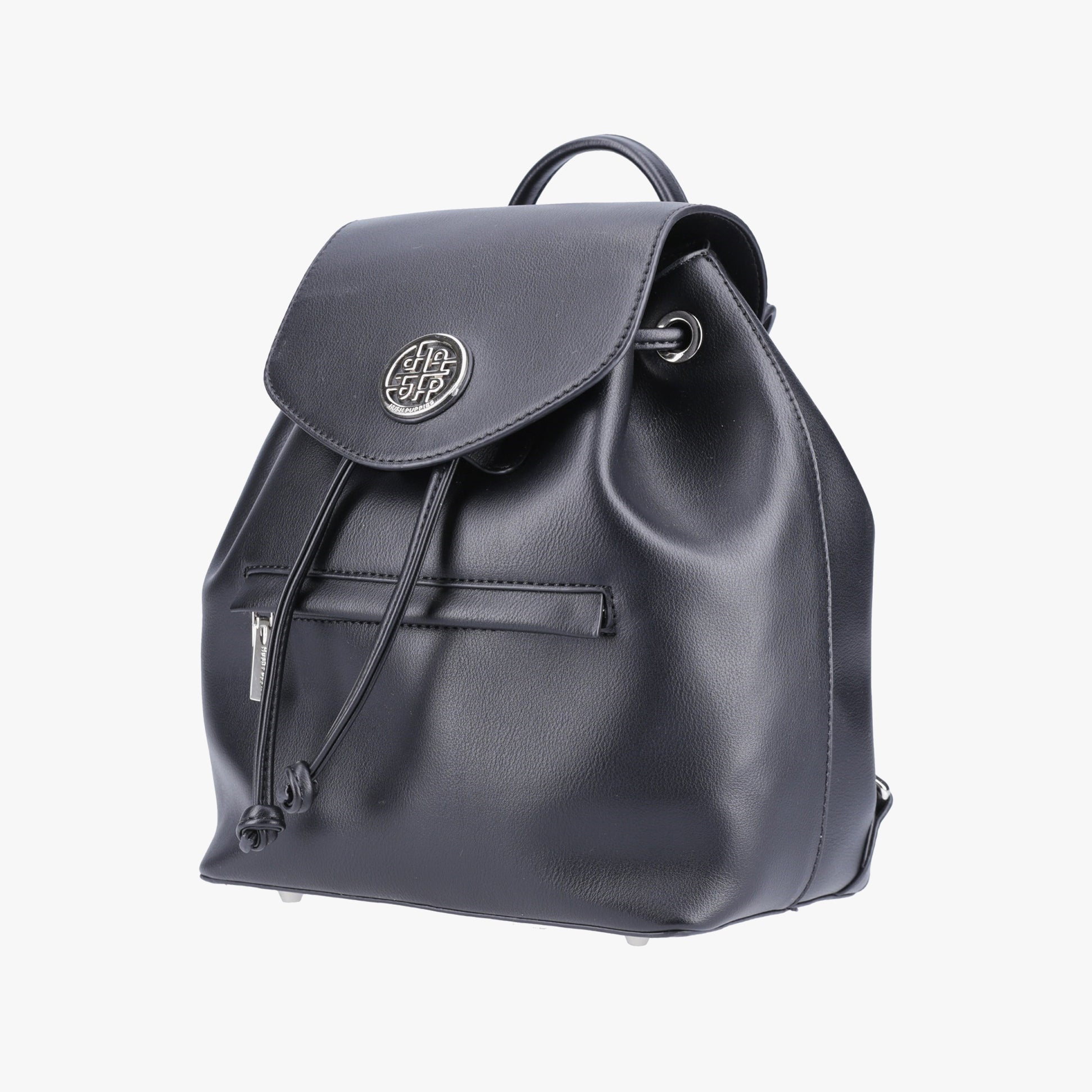 Hush Puppies MONA Womens Back Packs Black side view showcasing its drawstring closure and adjustable strap.