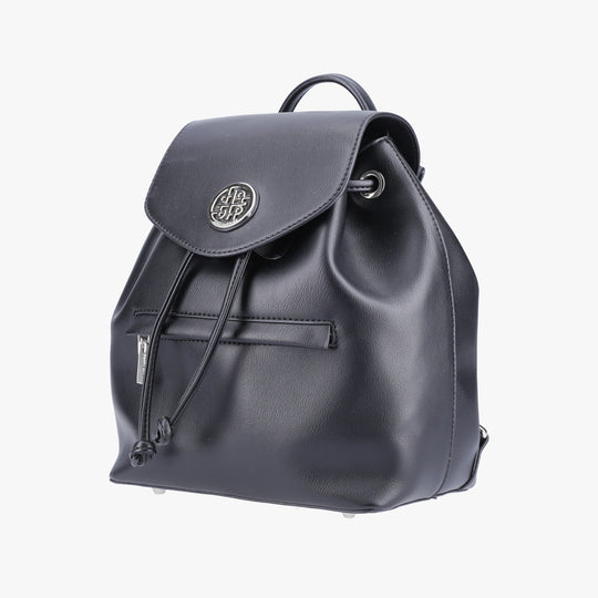 Hush Puppies MONA Womens Back Packs Black side view showcasing its drawstring closure and adjustable strap.