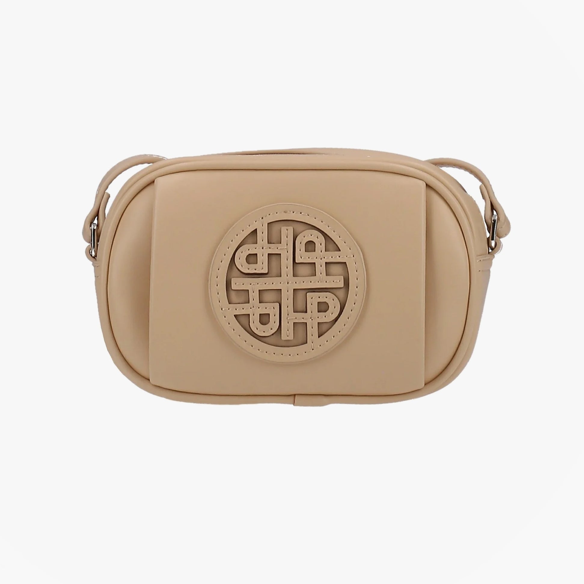 Hush Puppies AVELINE Womens Pale Yellow clutch bag front view with adjustable long strap and decorative design.