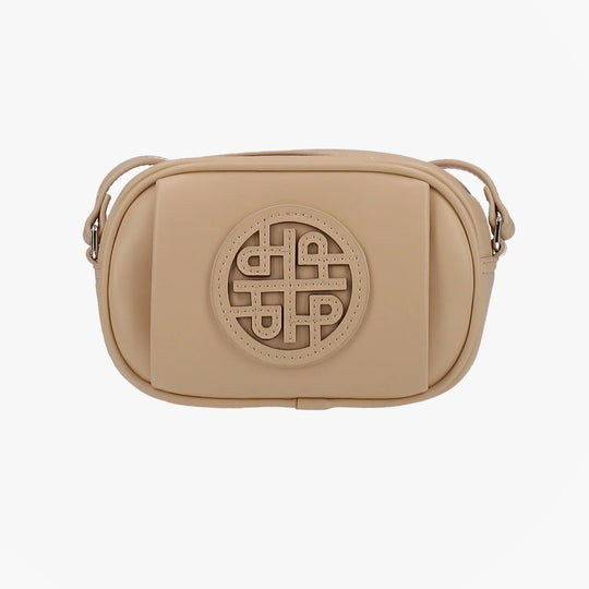 Hush Puppies AVELINE Womens Pale Yellow clutch bag front view with adjustable long strap and decorative design.