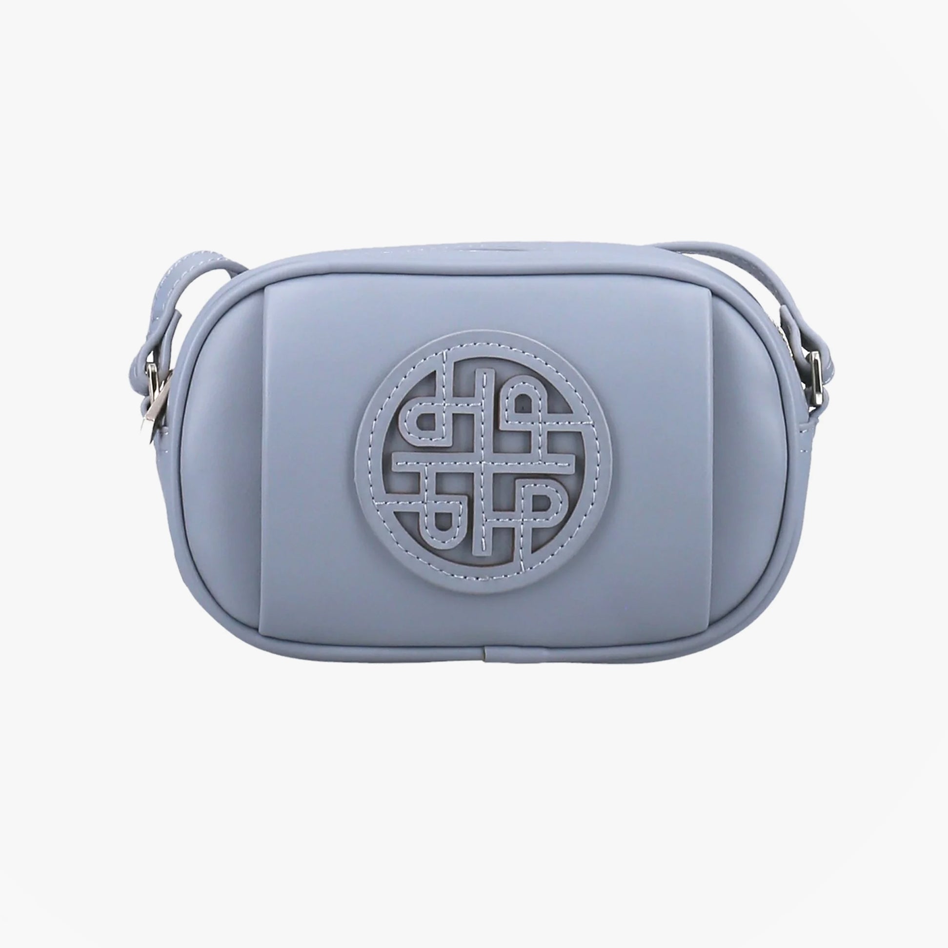 Hush Puppies AVELINE Womens Pale Blue clutch bag front view with adjustable strap and embossed logo.