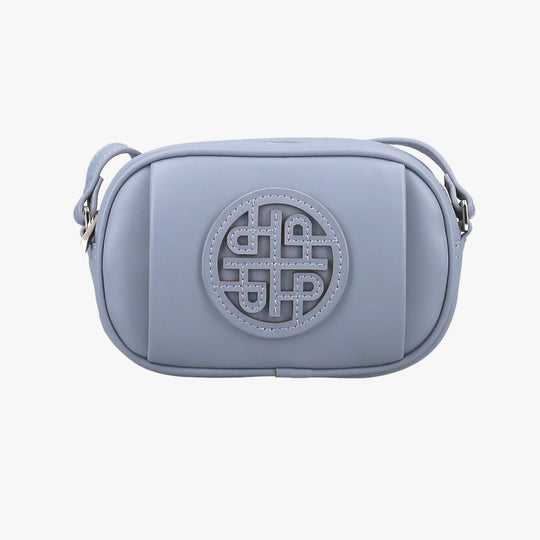 Hush Puppies AVELINE Womens Pale Blue clutch bag front view with adjustable strap and embossed logo.