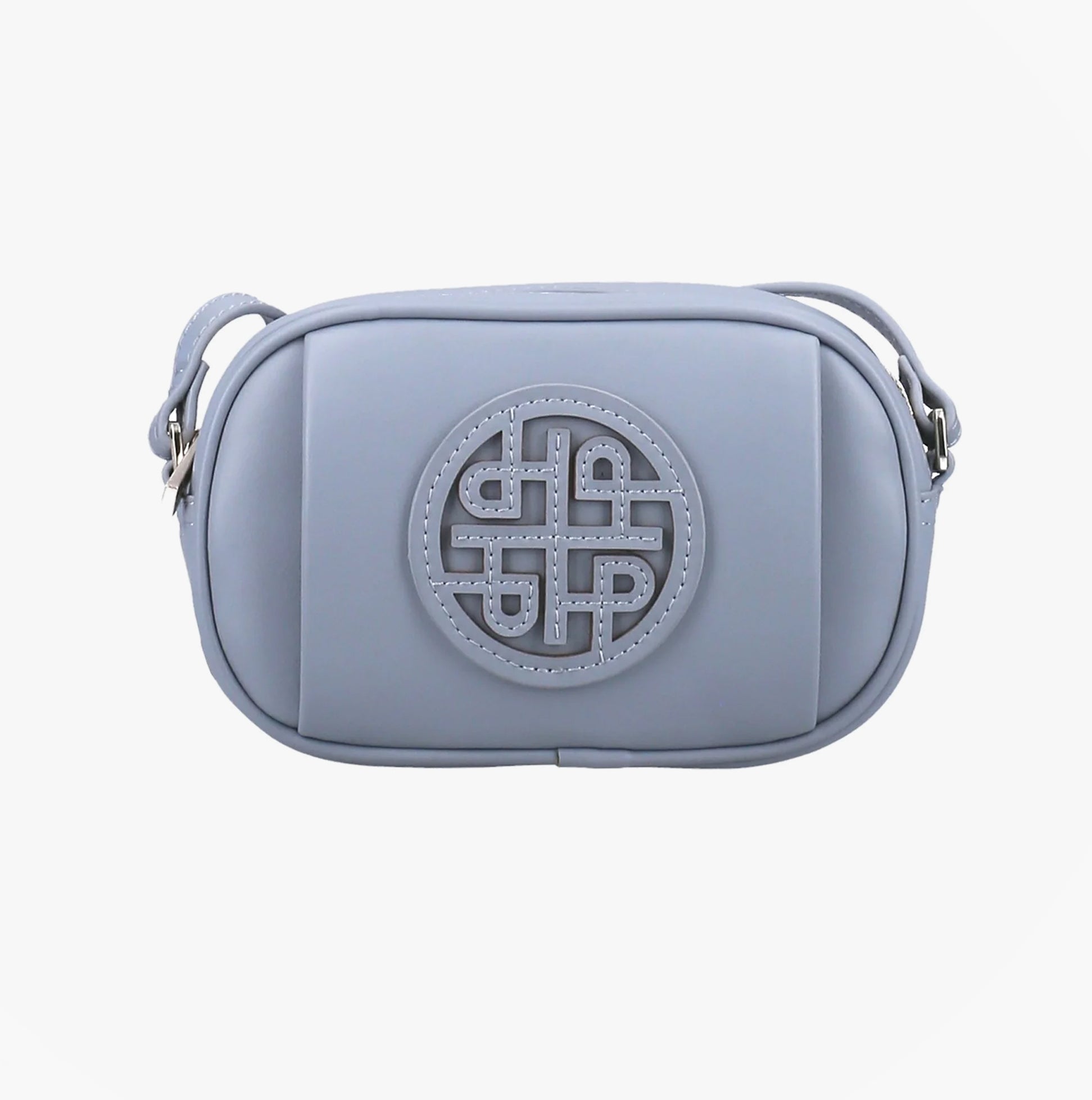 Hush Puppies AVELINE Womens Pale Blue clutch bag front view with adjustable strap and embossed logo.