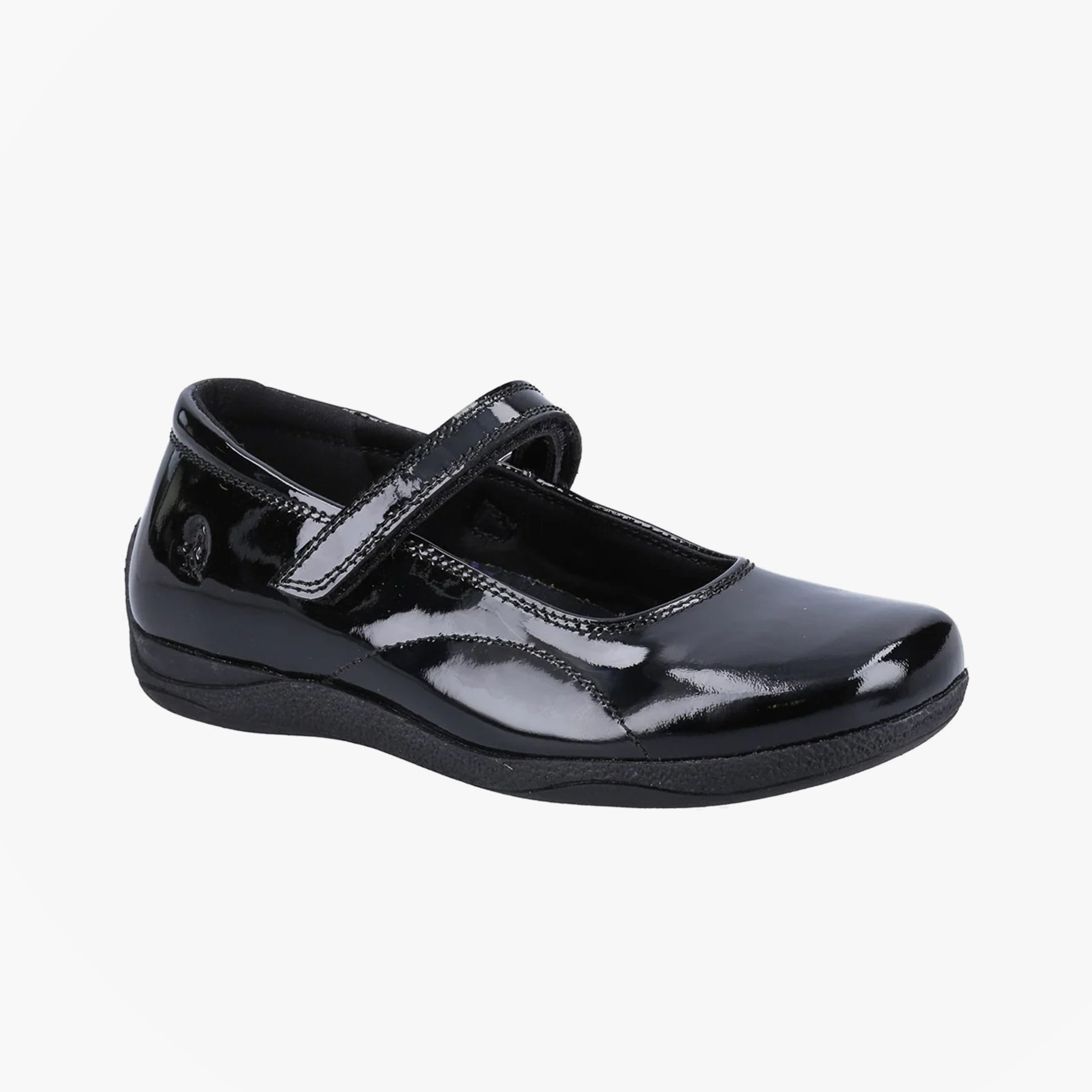 Hush Puppies ARIA Girls School Shoes Black Patent left side view showing shiny patent leather and touch fasten strap.