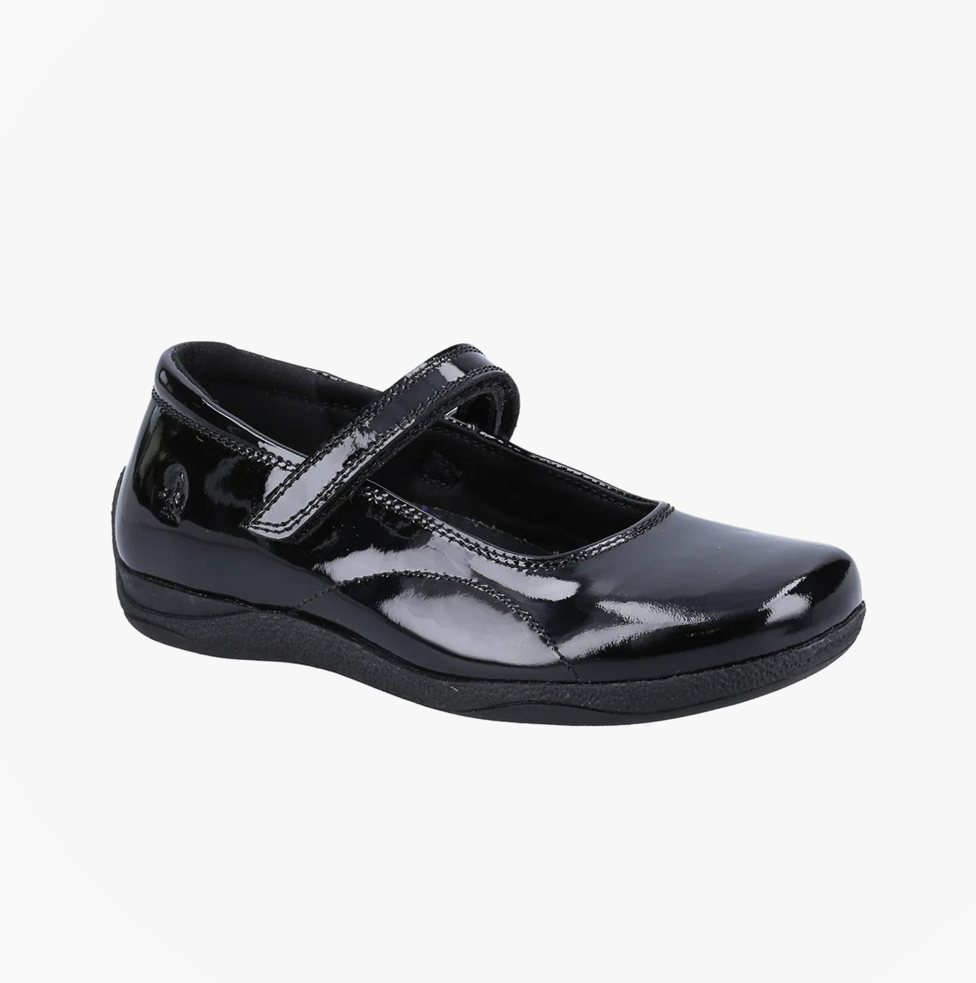 Hush Puppies ARIA Girls School Shoes Black Patent left side view showing shiny patent leather and touch fasten strap.