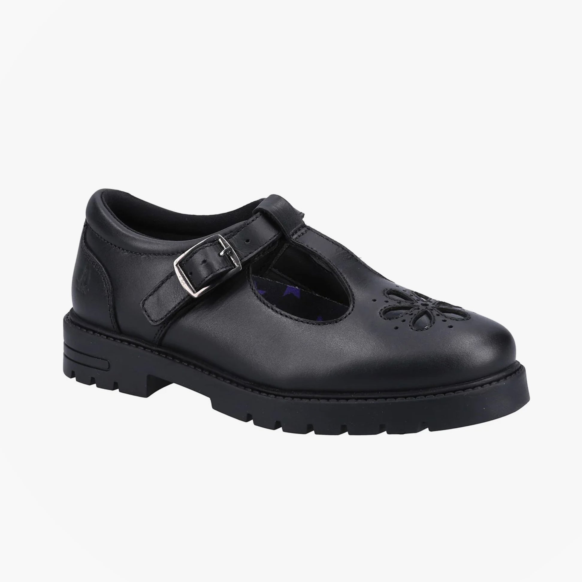 Hush Puppies FIONA Girls Leather School Shoes Black side view showcasing buckle and round toe design.