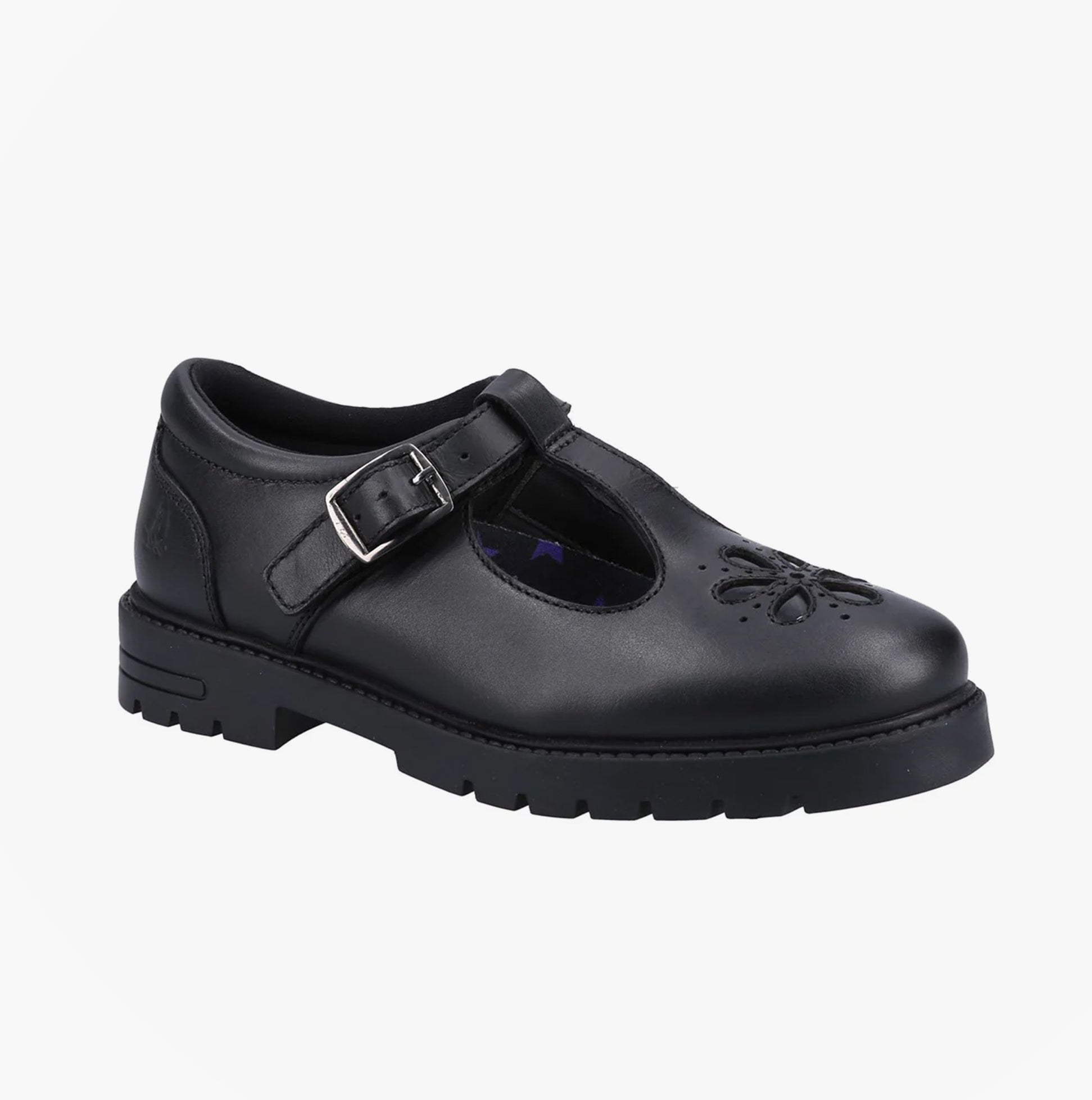 Hush Puppies FIONA Girls Leather School Shoes Black side view showcasing buckle and round toe design.