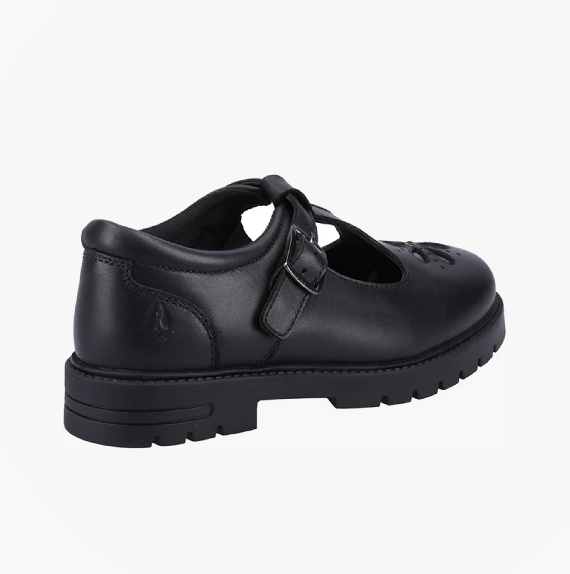 Hush Puppies FIONA Girls Leather School Shoes Black side view showcasing buckle and round toe design.