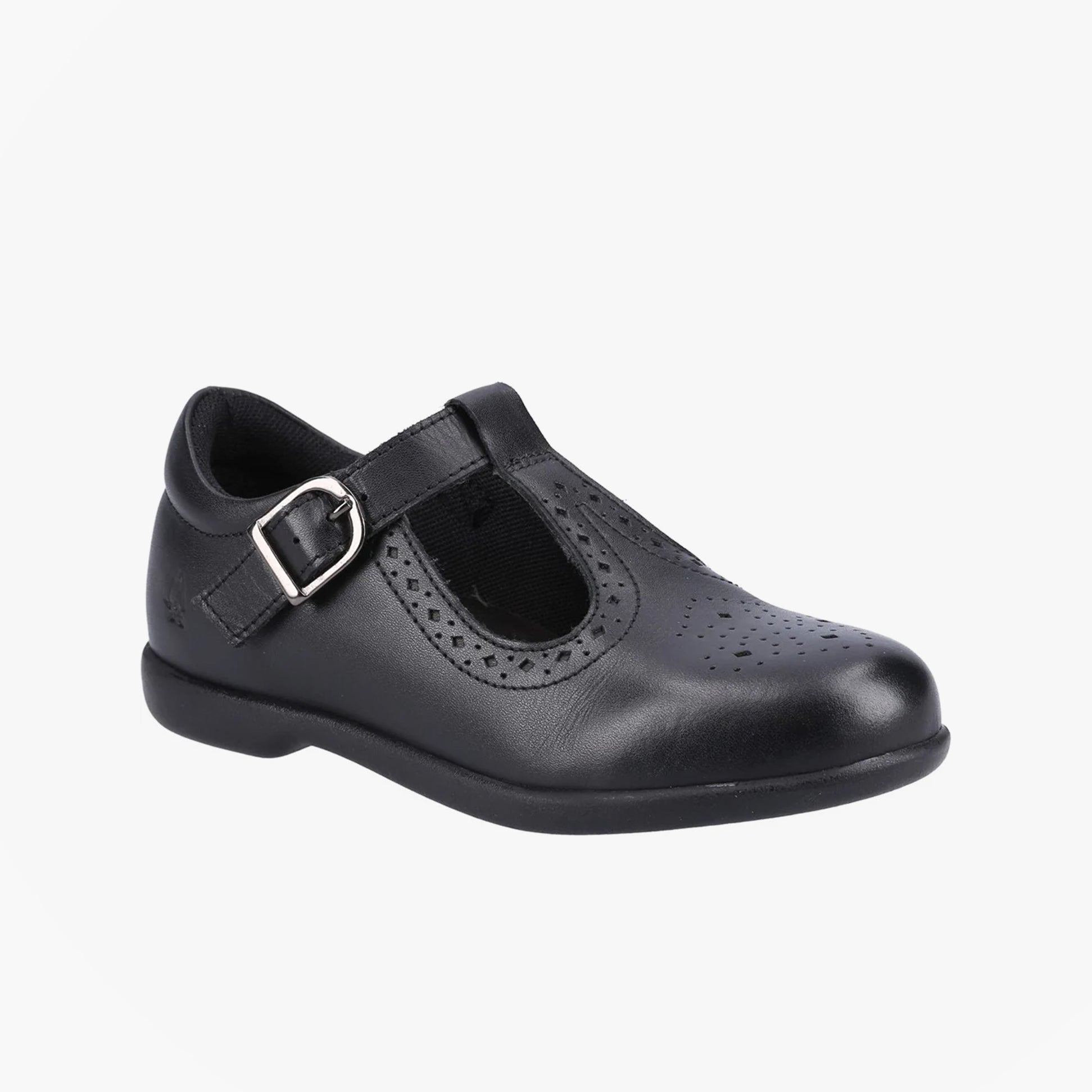 Hush Puppies BRITNEY Girls Leather School Shoes Black side view with buckle and perforated details.