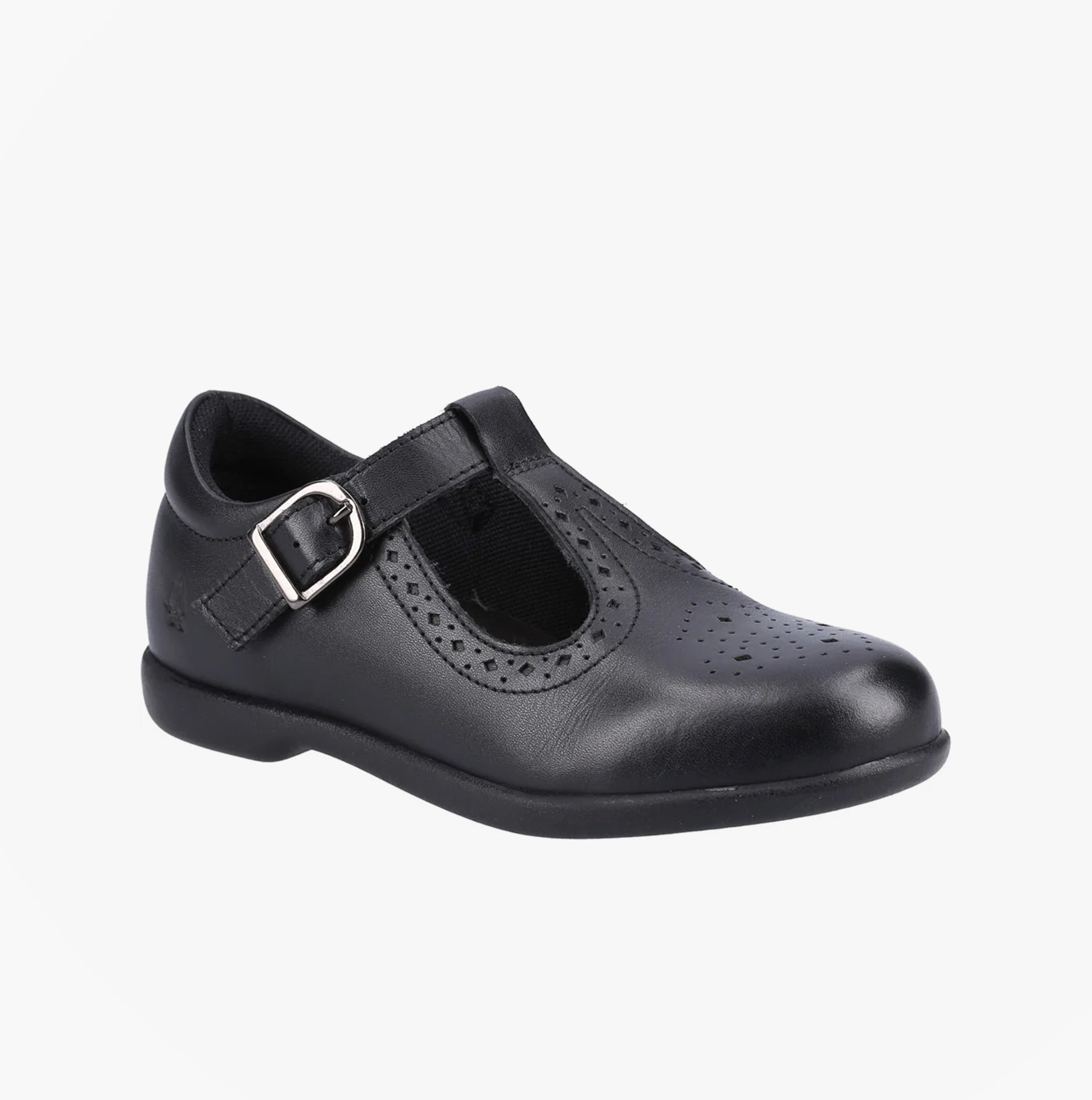 Hush Puppies BRITNEY Girls Leather School Shoes Black side view with buckle and perforated details.
