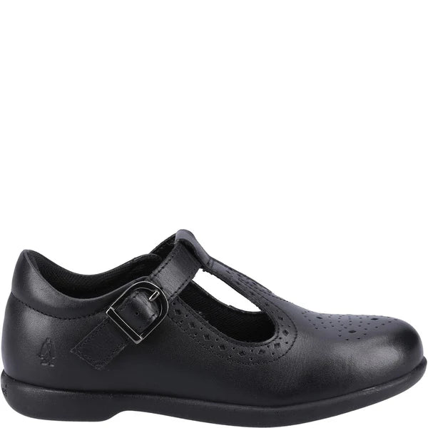 Hush Puppies BRITNEY Girls Leather School Shoes Black side view, featuring buckle closure and round toe shape.