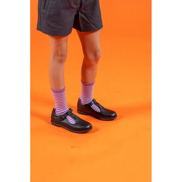 Hush Puppies BRITNEY Girls Leather School Shoes Black front view with purple striped socks on display