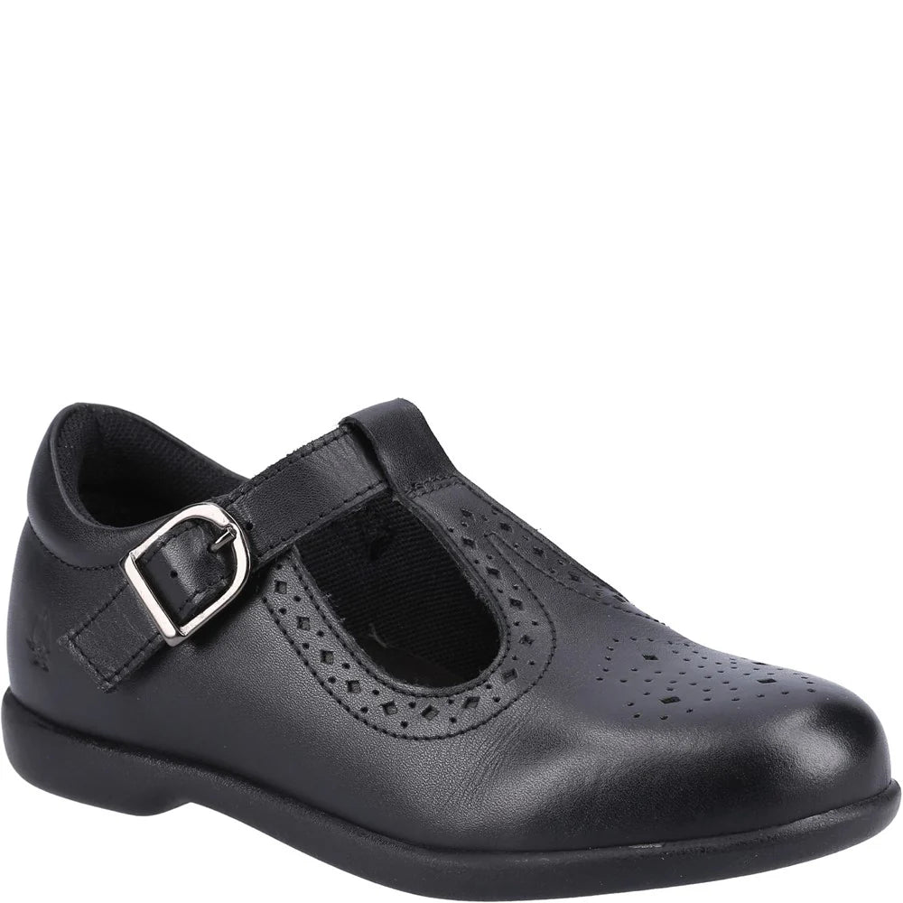 Hush Puppies BRITNEY Girls Leather School Shoes Black side view showing buckle and perforated design.