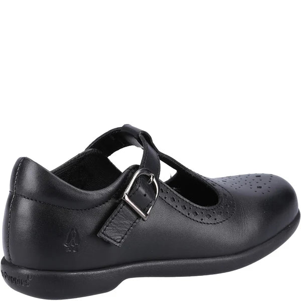 Hush Puppies BRITNEY Girls Leather School Shoes Black side view showcasing leather upper and buckle closure.