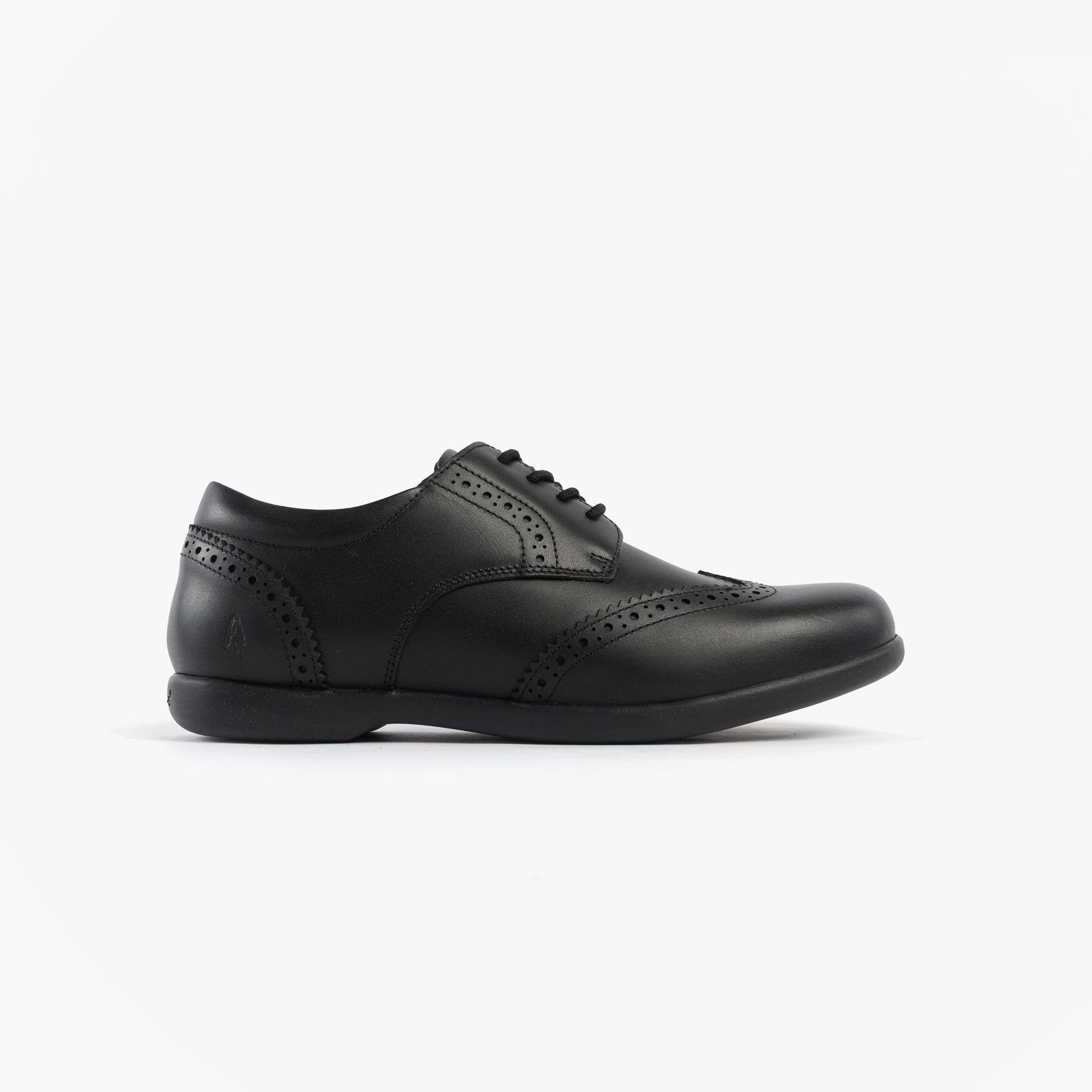 Hush Puppies BRIDGET Girls Leather School Shoes Black side view with lace-up closure and round toe.