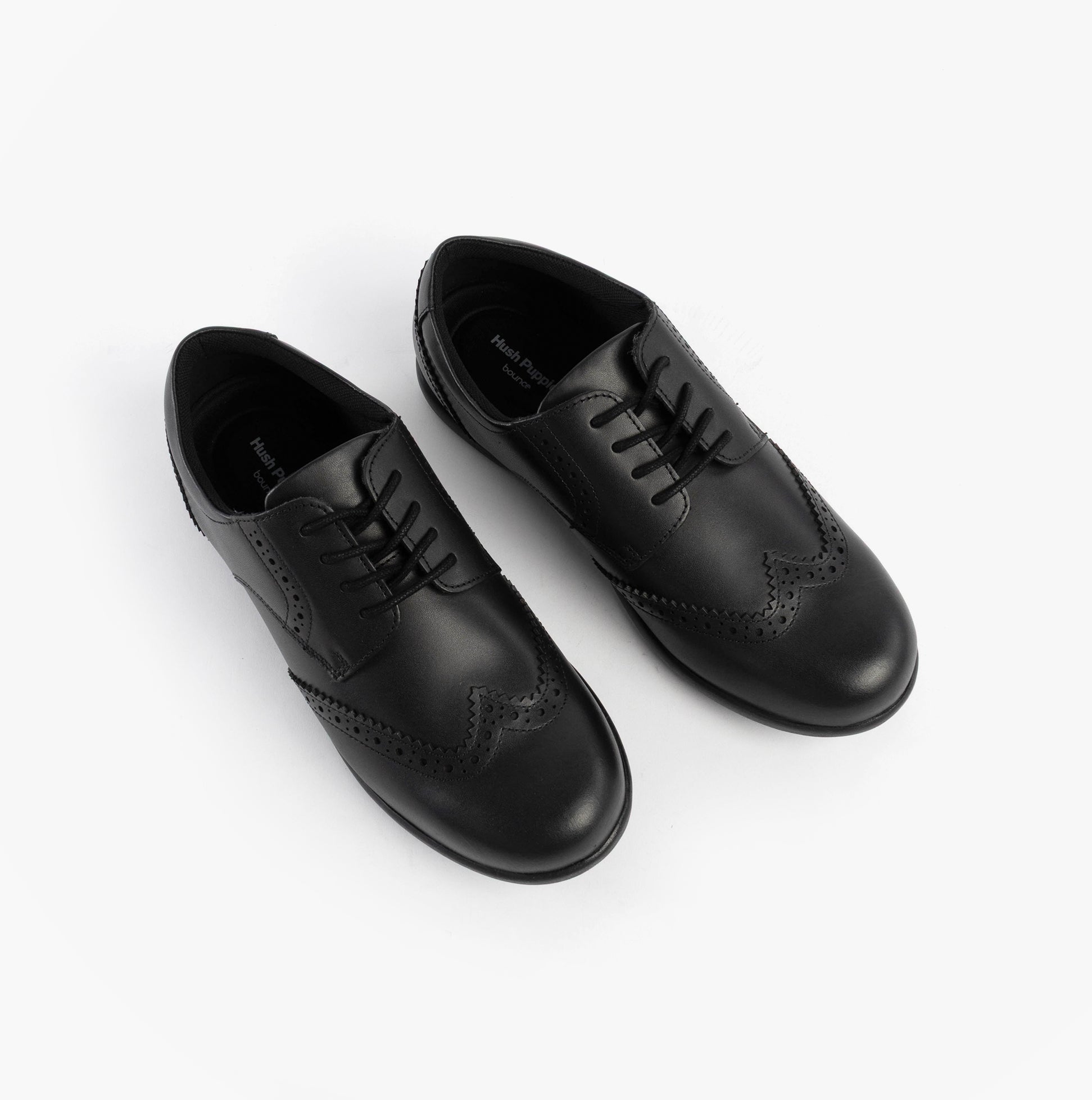 Hush Puppies BRIDGET Girls Leather School Shoes Black, top view, displaying lace-up design and detailed stitching.