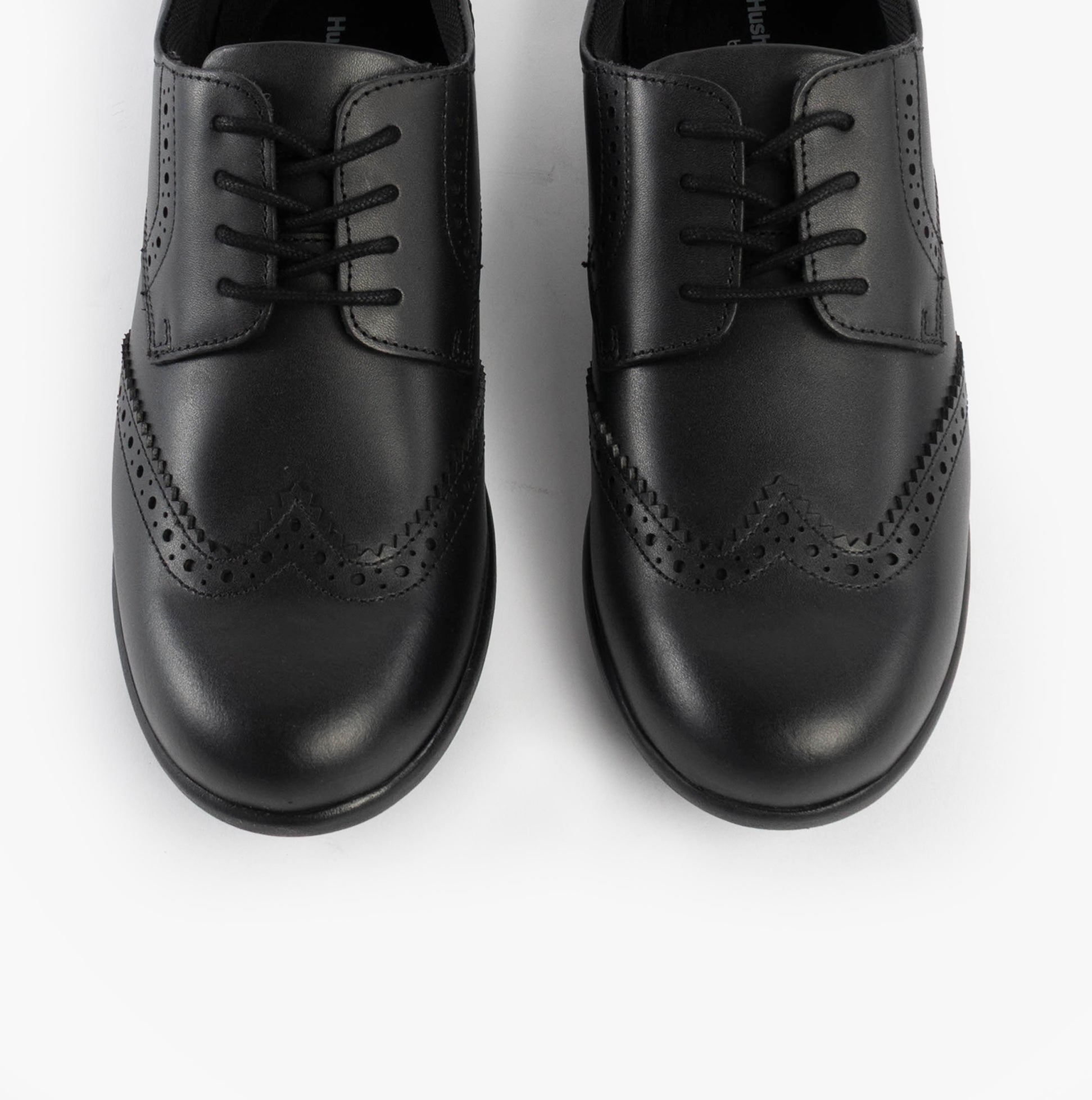 Hush Puppies BRIDGET Girls Leather School Shoes Black top view showcasing round toe and lace-up design.