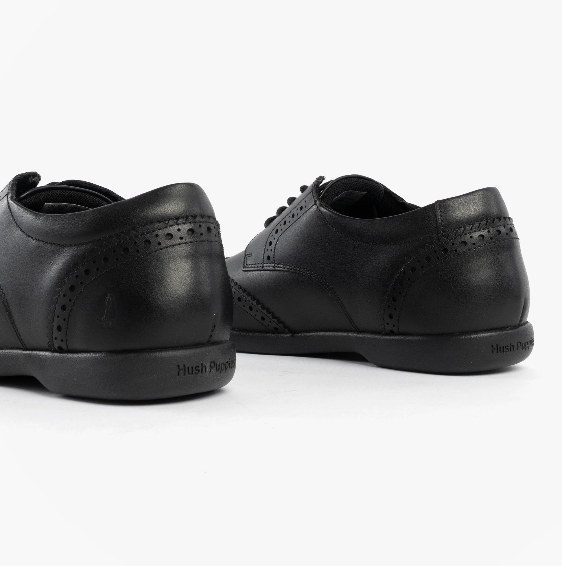 Hush Puppies BRIDGET Girls Leather School Shoes Black, back view highlighting lace-up design and details.