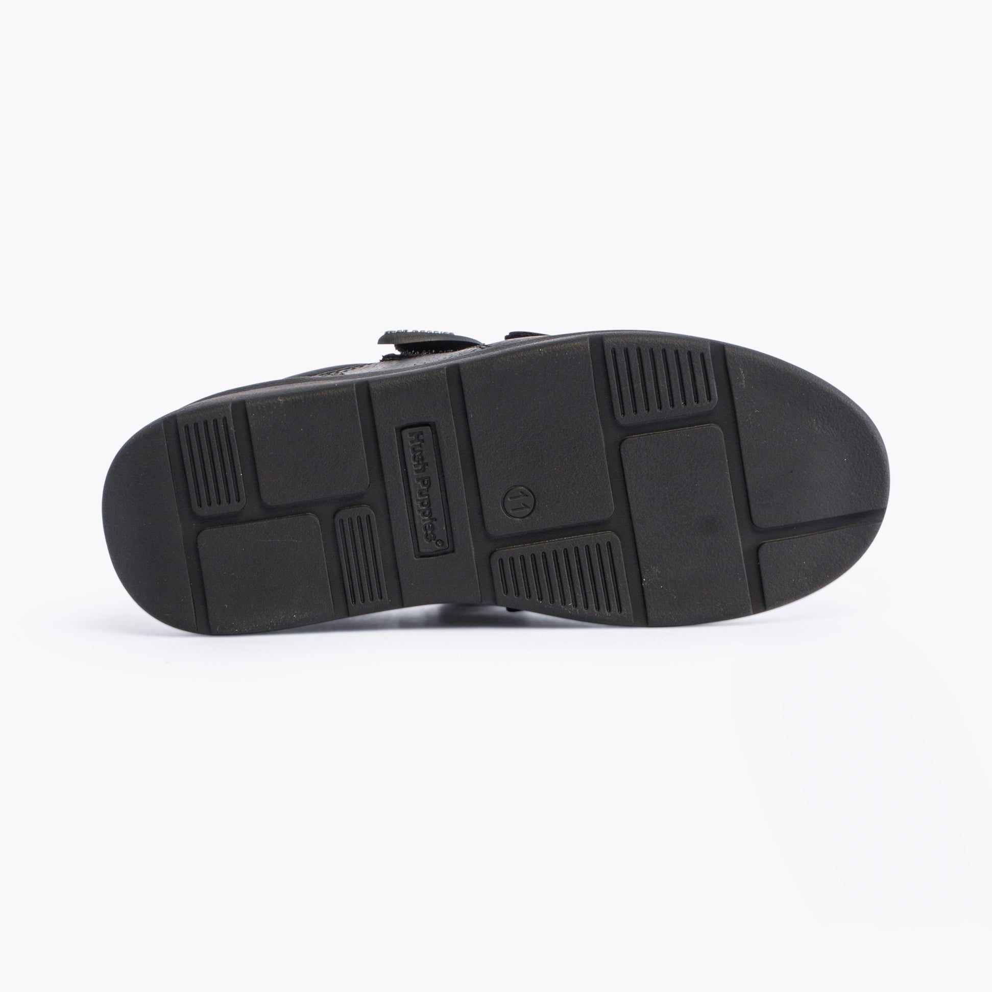 Hush Puppies RYAN Boys Leather School Shoes Black bottom view, detail of TPR sole with textured grip.