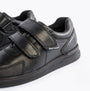 Hush Puppies RYAN Boys Leather School Shoes Black side view showcasing touch fasten straps and leather upper.