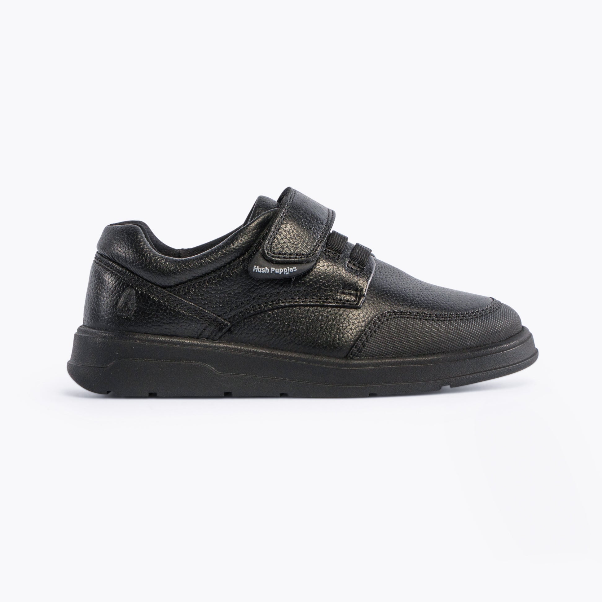 Hush Puppies ROWAN Boys Leather School Shoes Black side view showcasing lace-up and touch fasten design.