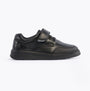 Hush Puppies ROWAN Boys Leather School Shoes Black side view showcasing lace-up and touch fasten design.