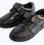 Hush Puppies ROWAN Boys Leather School Shoes Black, detail view showing lace-up and touch fasten features.