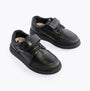 Hush Puppies ROWAN Boys Leather School Shoes Black, side view showing lace-up and touch fasten design.