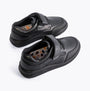 Hush Puppies ROWAN Boys Leather School Shoes Black, top view showing lace-up and touch fasten features, comfort and memory foam lining.