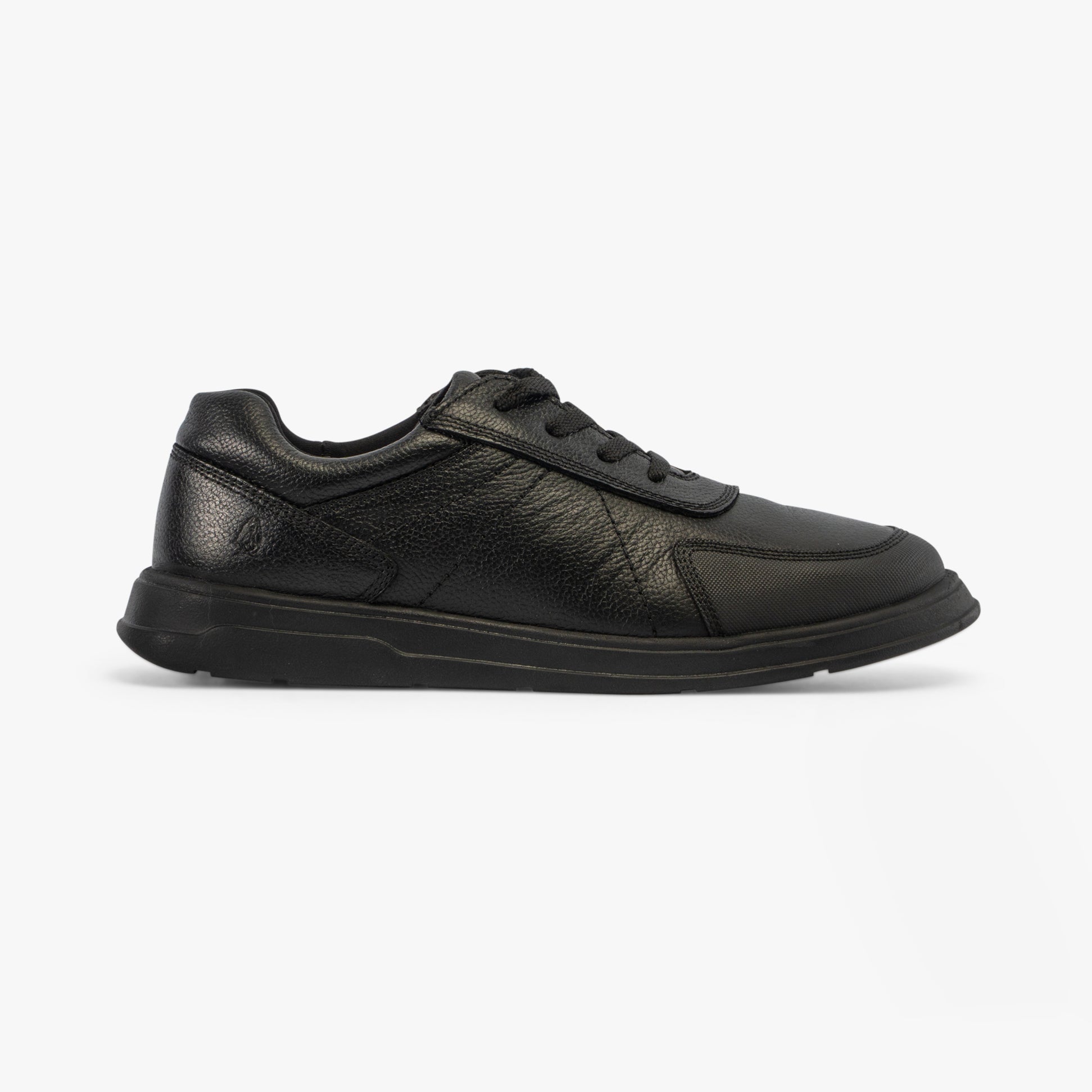 Hush Puppies ROBERT SNR Boys Shoes Black side view showcasing the leather upper and lace-up design.