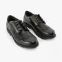 Hush Puppies JACOB SNR Boys Shoes Black front view showcasing lace-up leather design with round toe and comfort features.