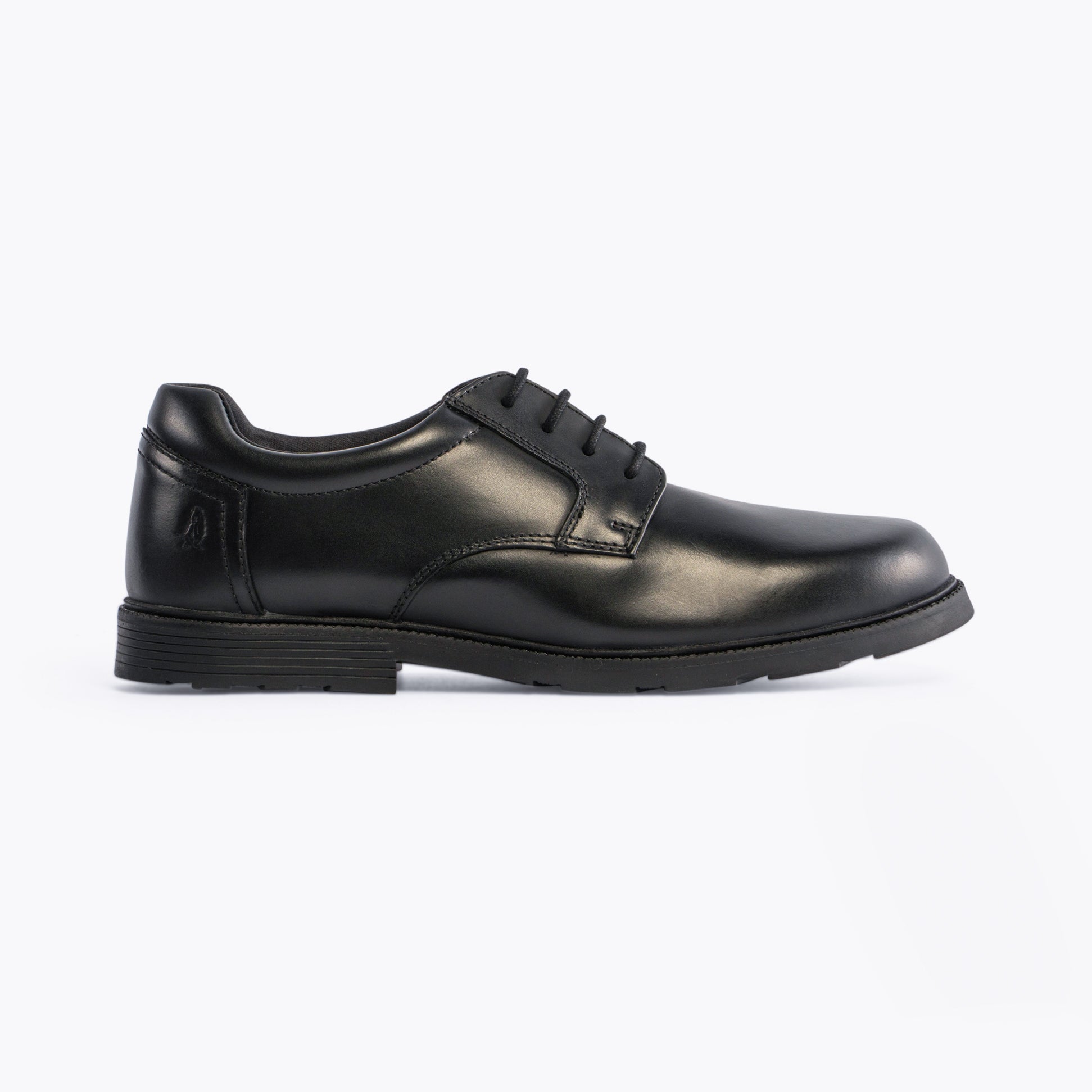 Hush Puppies OLIVER SNR Boys Shoes Black side view showing leather upper, lace-up closure, and low top design.