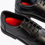 Hush Puppies OLIVER SNR Boys Shoes Black top view showing leather upper and vibrant red lining, featuring lace-up closure.