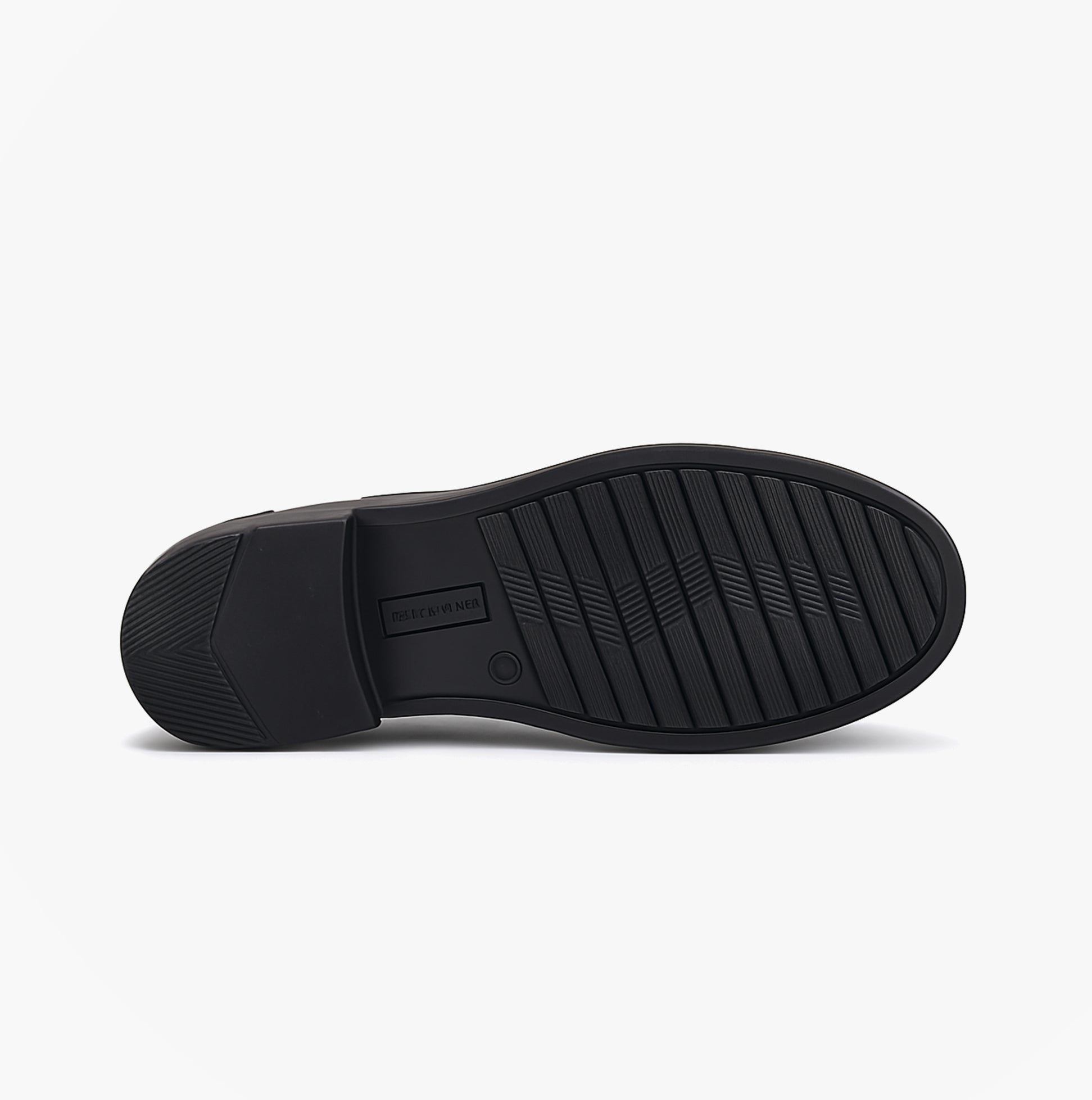 Hush Puppies TOBY SENIOR Boys Shoes Black bottom view showcasing rubber sole and tread pattern for traction.