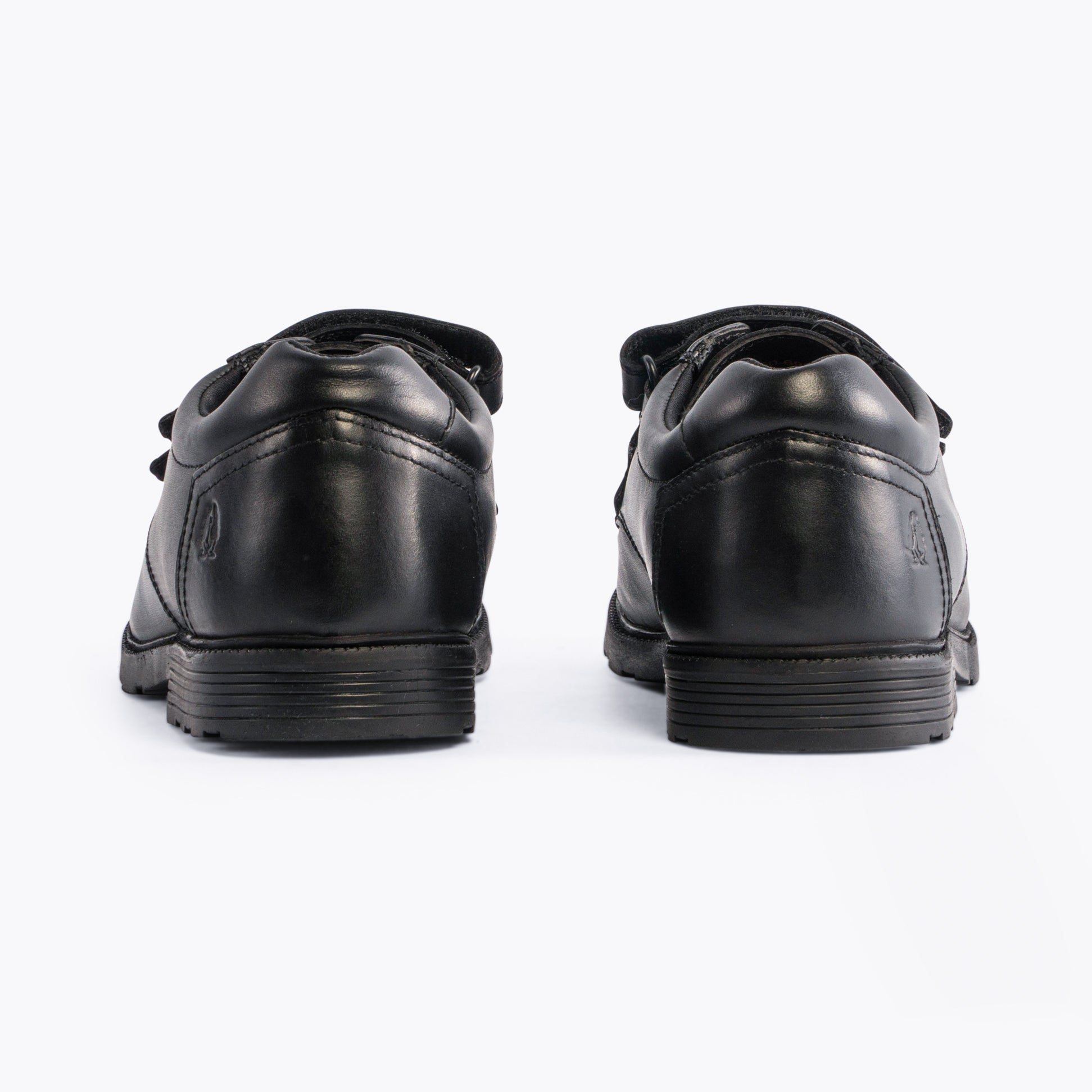 Hush Puppies LOGAN SNR Boys Shoes Black back view showing leather upper and touch fasten closure.