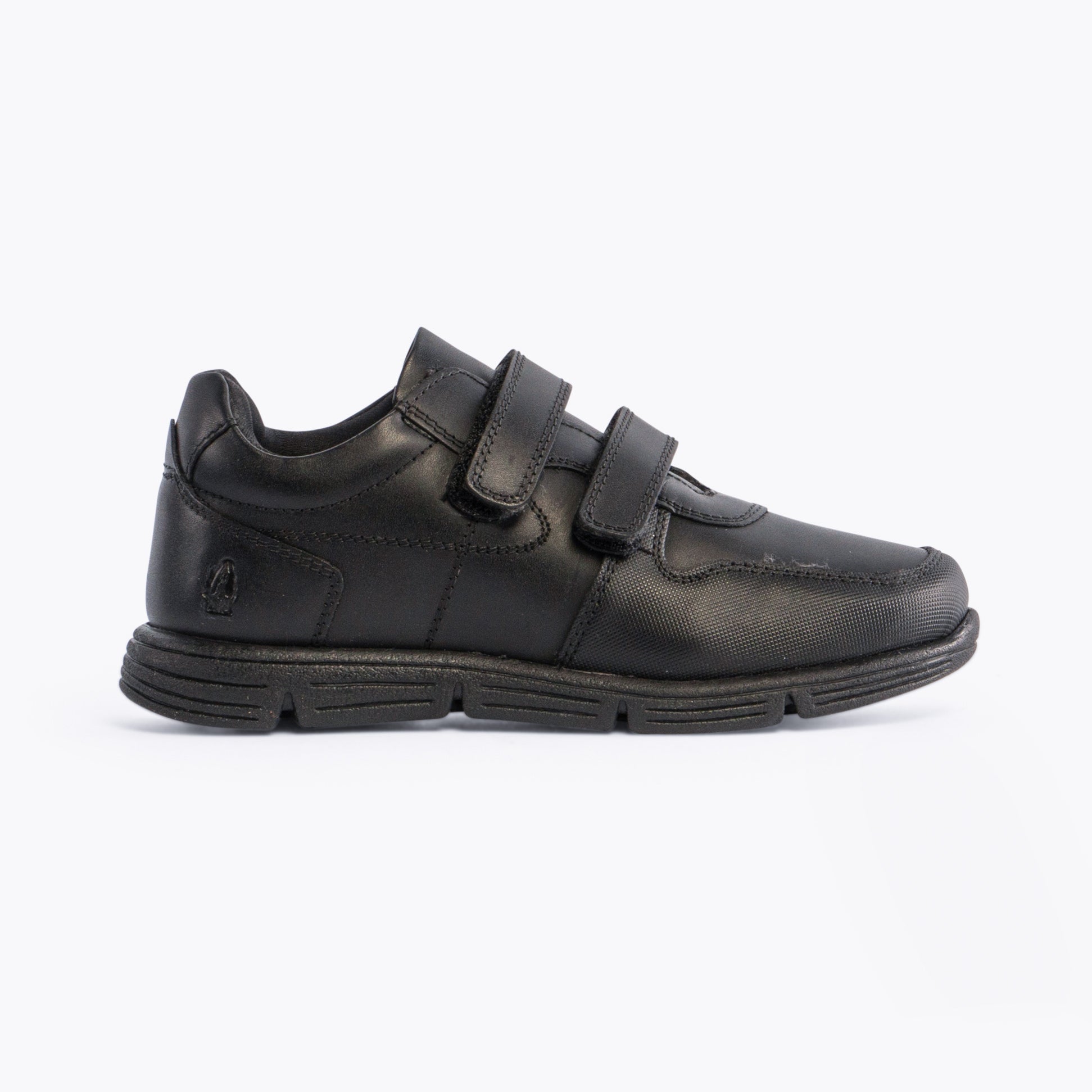Hush Puppies LUCAS Boys Leather School Shoes Black side view with two touch fasten straps and round toe design.