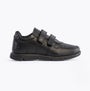 Hush Puppies LUCAS Boys Leather School Shoes Black side view with two touch fasten straps and round toe design.