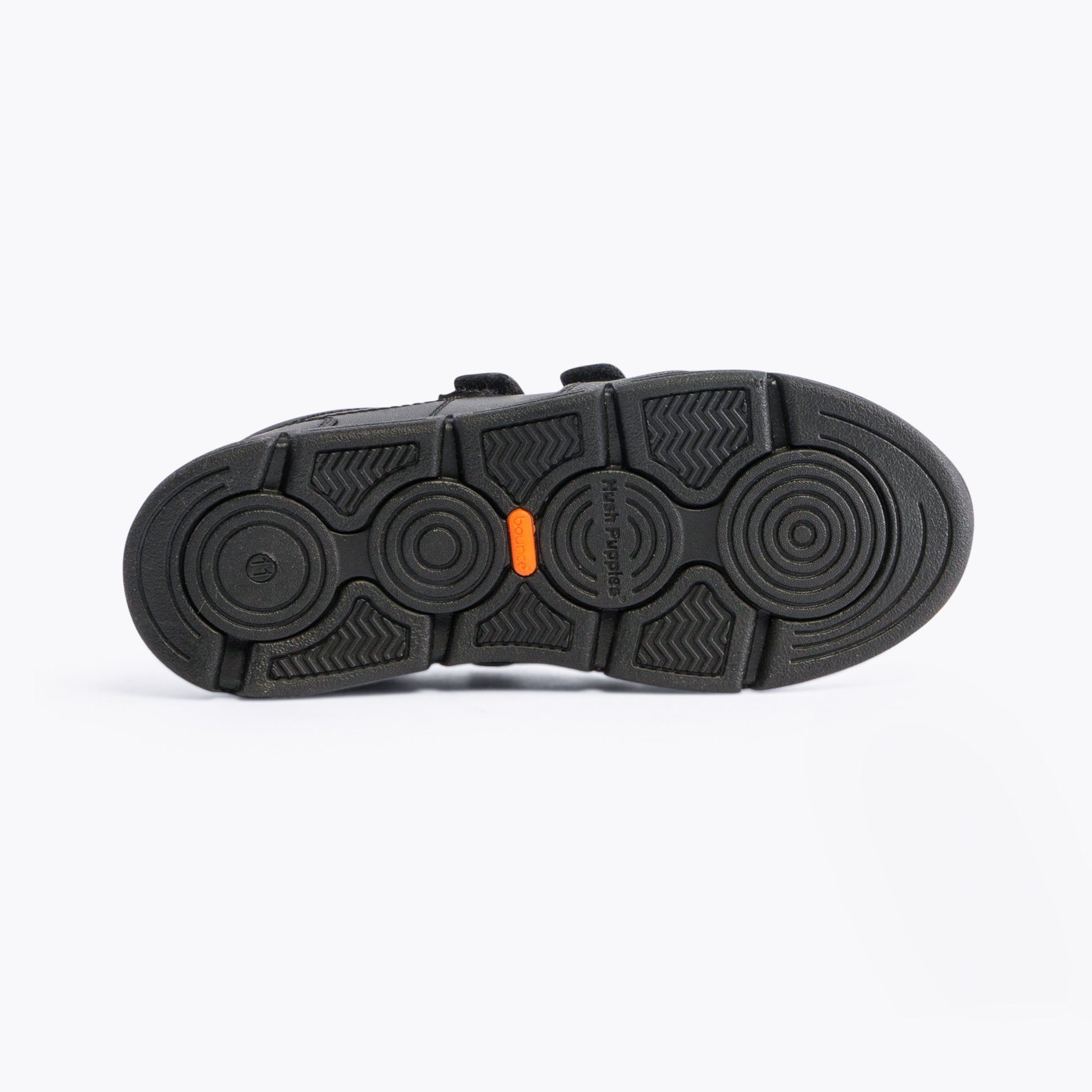 Hush Puppies LUCAS Boys Leather School Shoes Black sole view showing traction and durability features.