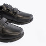 Hush Puppies LUCAS Boys Leather School Shoes Black, side view showing touch fastening and round toe design.