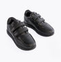 Hush Puppies LUCAS Boys Leather School Shoes Black side view showing touch fasten straps and round toe design.