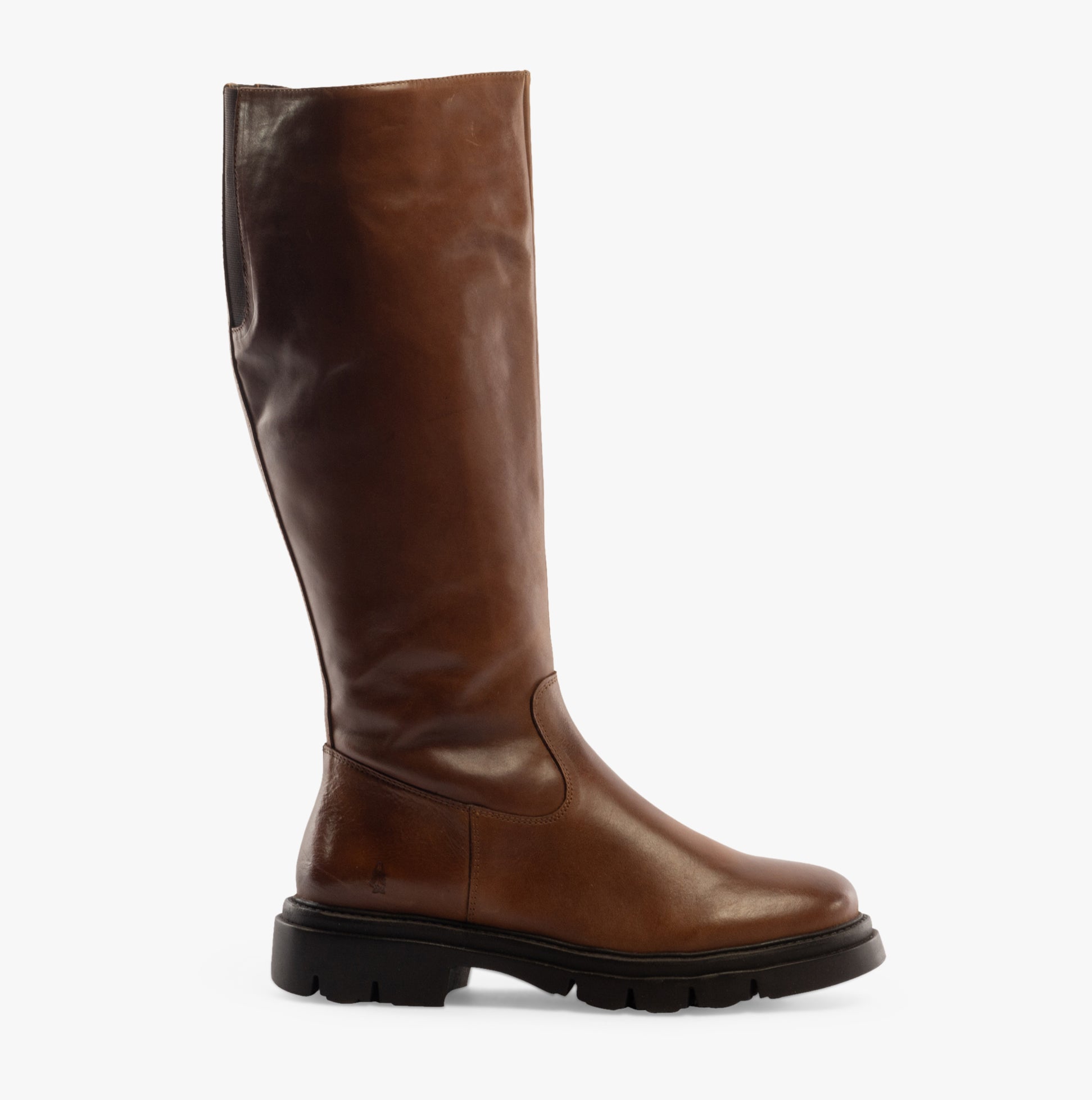 Hush Puppies ROWAN Womens Boots Brown side view showing tall leather shaft and block heel design.