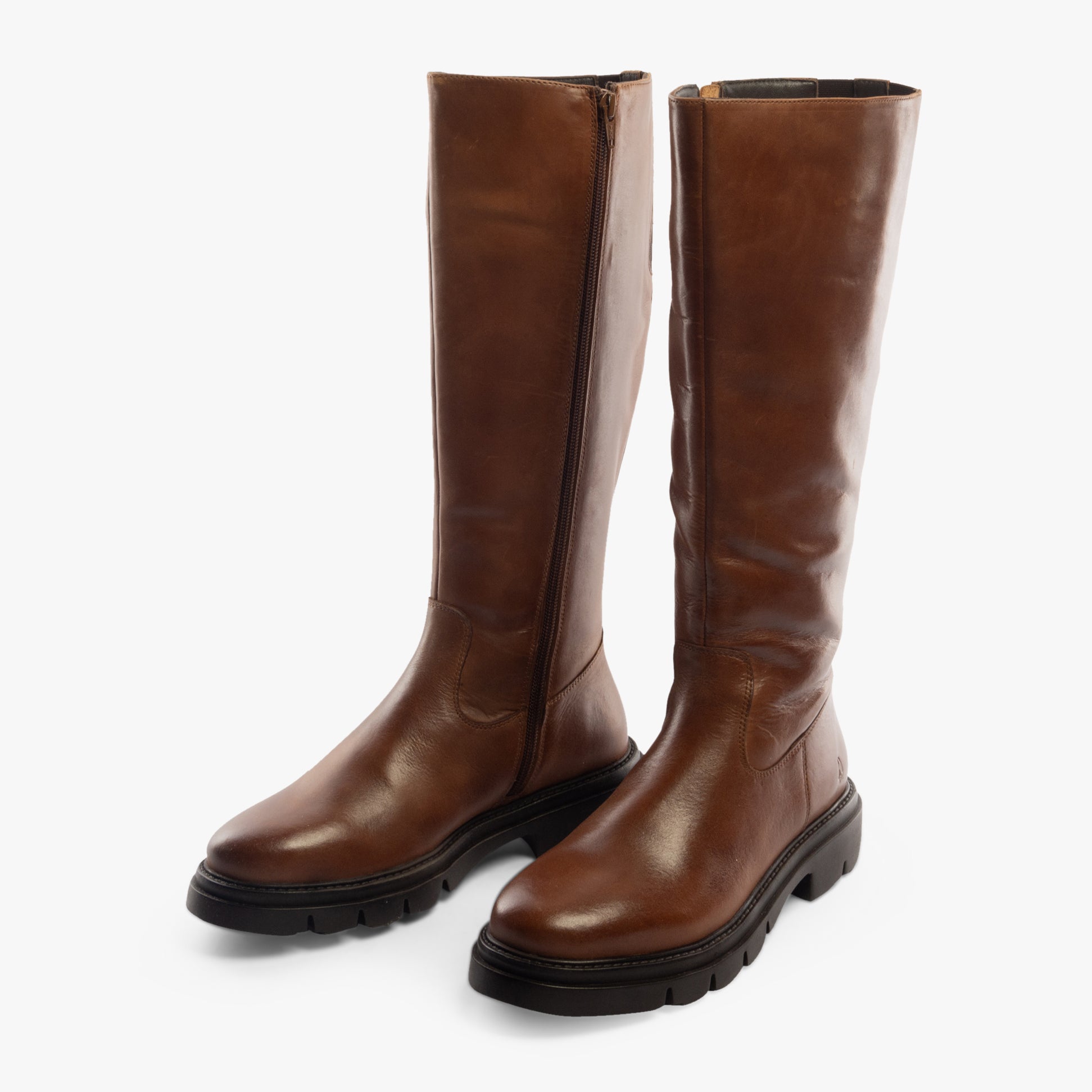 Hush Puppies ROWAN Womens Boots Brown side view showcasing tall leather design and zip closure.