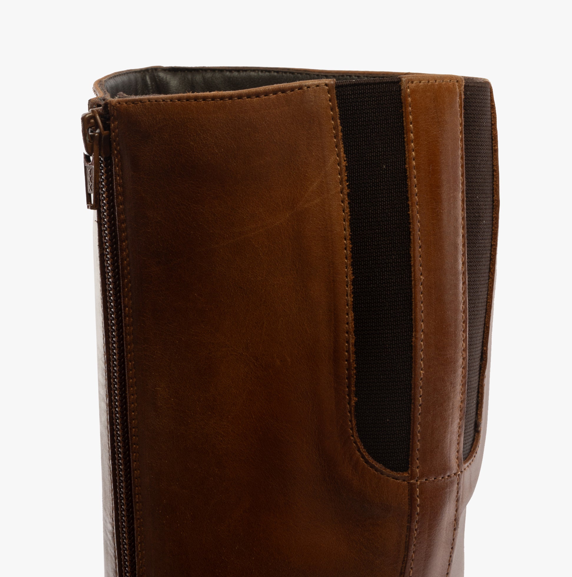 Hush Puppies ROWAN Womens Boots Brown detail view showing the top section and zipper of the tall leather boots.