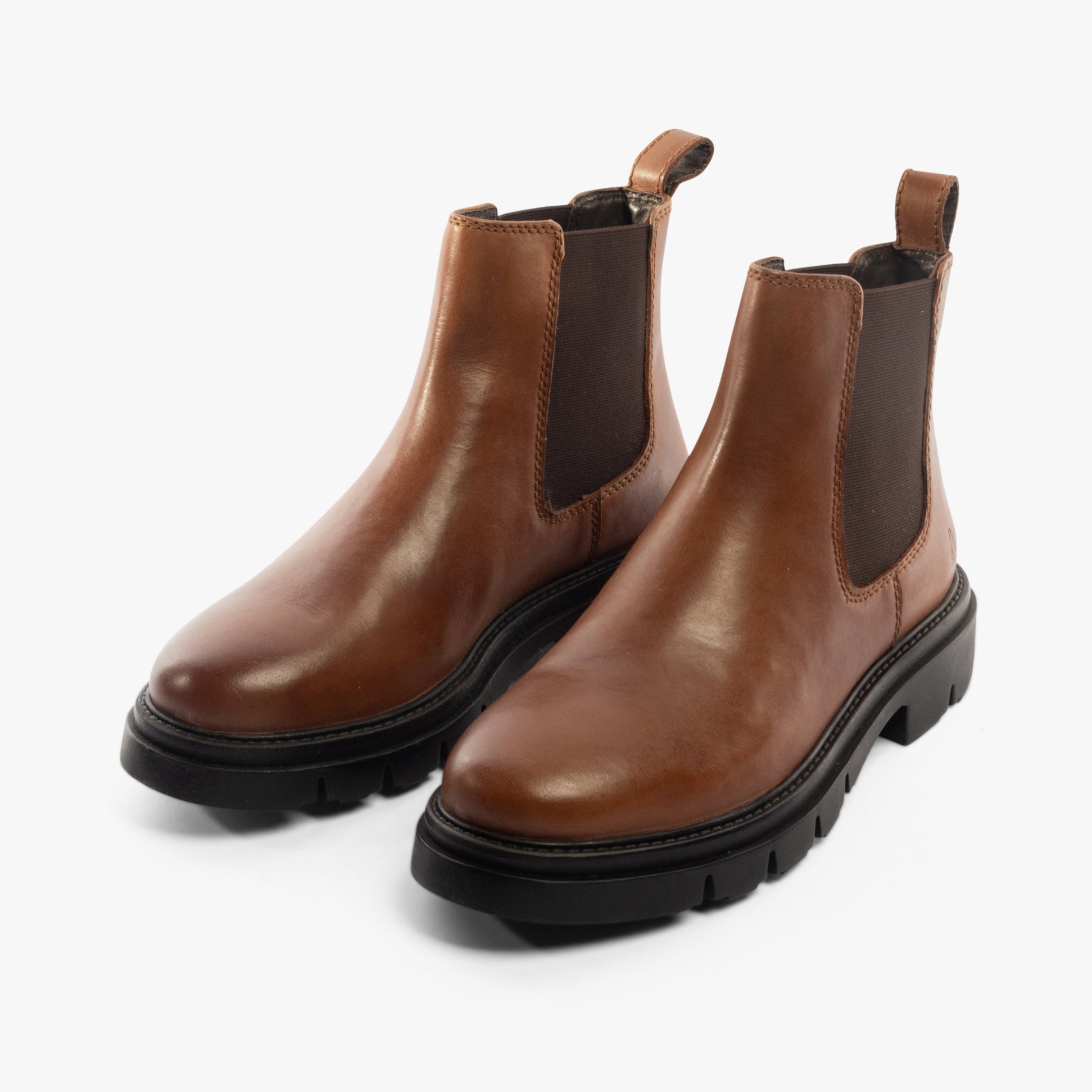 Hush Puppies RAYA CHELSEA Womens Boots Brown side view showcasing leather upper and elasticated side panels.