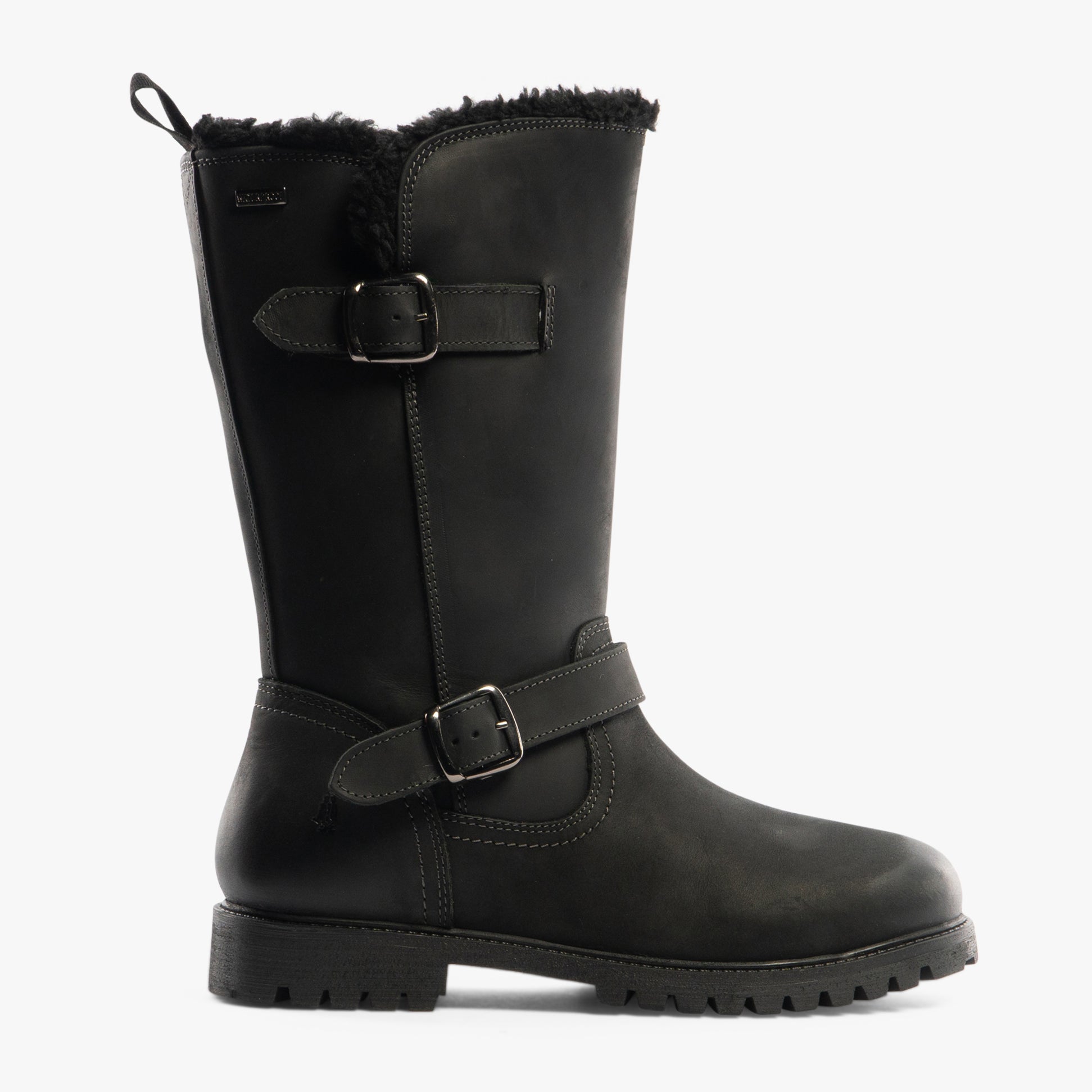 Hush Puppies WINNIE Womens Boots Black side view featuring leather upper, block heel, and decorative buckles.