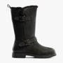 Hush Puppies WINNIE Womens Boots Black side view featuring leather upper, block heel, and decorative buckles.