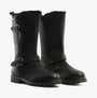 Hush Puppies WINNIE Womens Boots Black side view with buckles and fur lining, showing tall leather design and block heel.