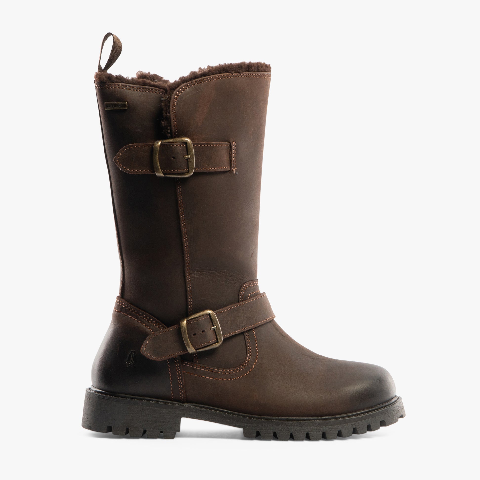 Hush Puppies WINNIE Womens Boots Brown side view featuring tall leather upper, round toe shape, and block heel.