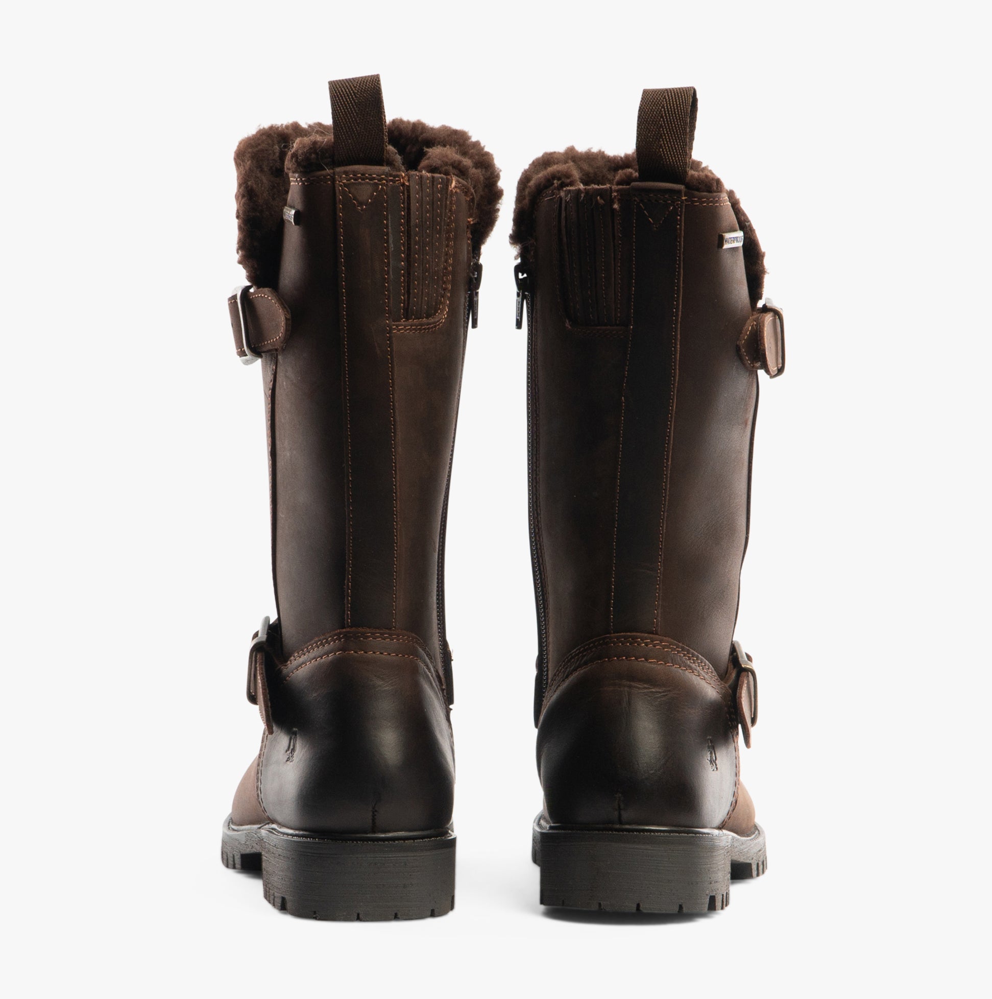Hush Puppies WINNIE Womens Boots Brown back view showcasing leather upper, mid-calf height, and block heel design.